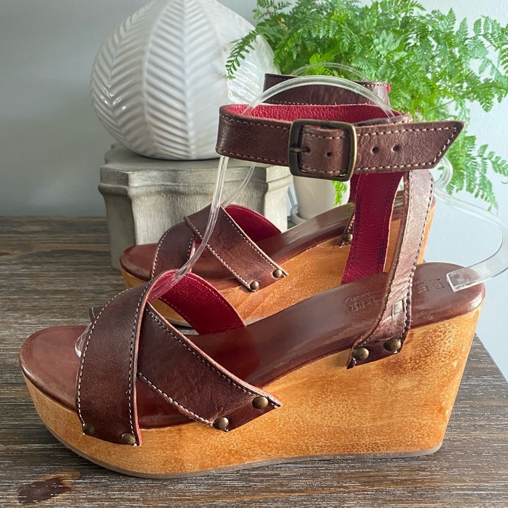 Bed|Stu Grettell Leather Wood Platform Studded Wedge Sandals 10 Brown Burgundy - Picture 3 of 12